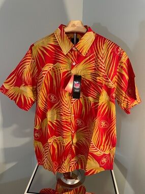 NFL 49ers Red & Gold Palm-Print Button-Up Camp Hawaiian Shirt nwt